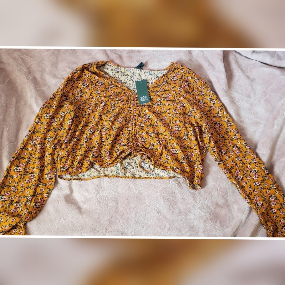 Brand New Floral Yellow Gold Shirt Blouse With Tag